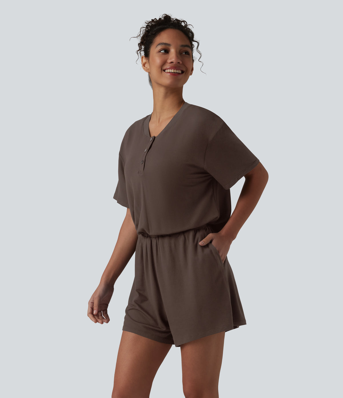 Henley Short Sleeve Casual Playsuit with Pockets — Chocolate Brown — view 3