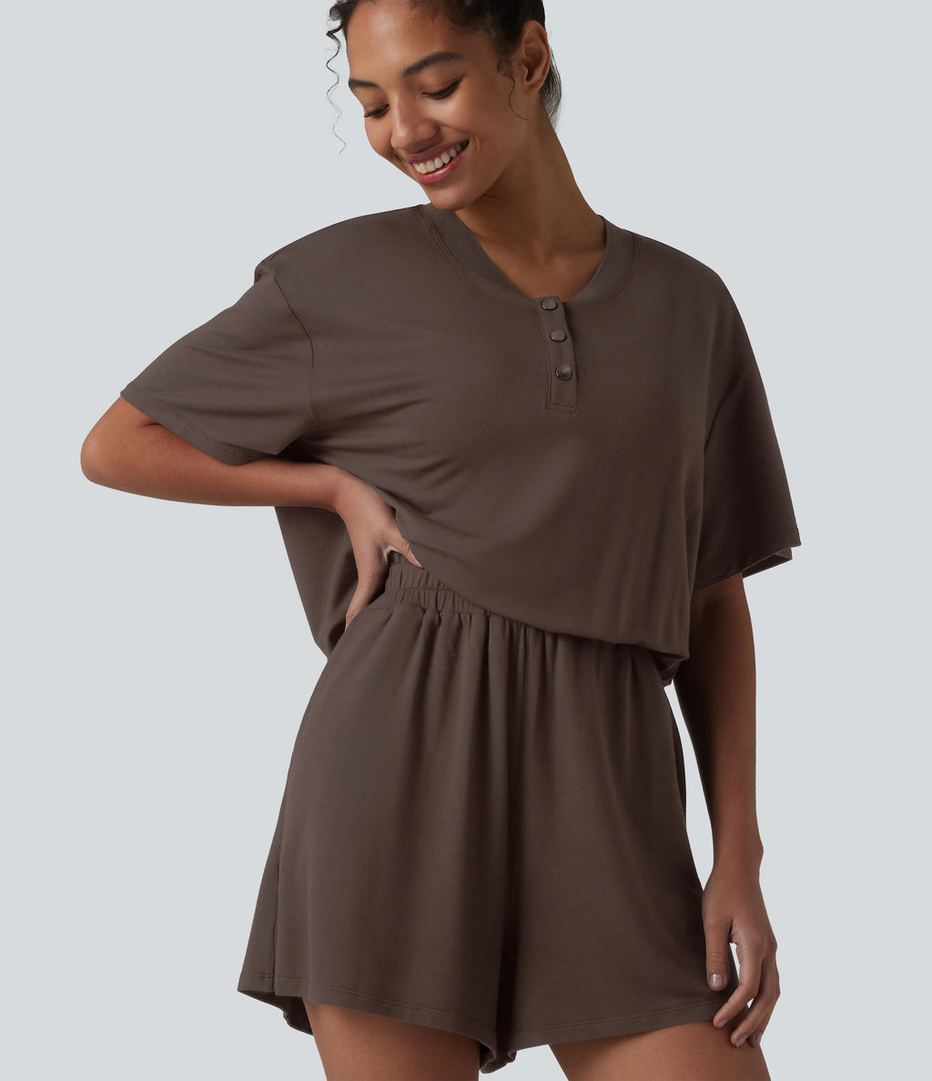 Henley Short Sleeve Casual Playsuit with Pockets — Chocolate Brown — view 6