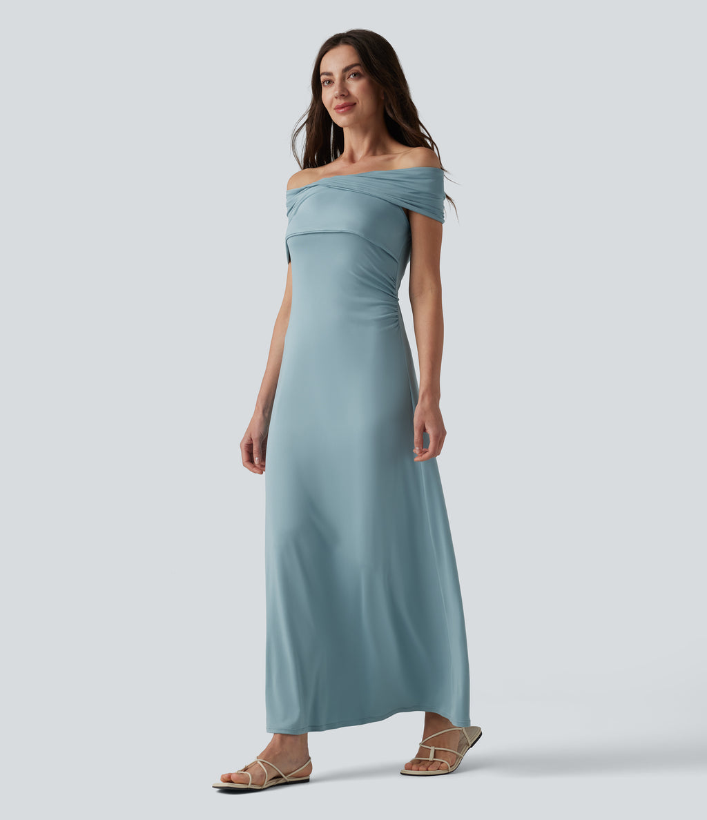 Off-shoulder Ruched Tie-back Maxi Casual Dress — Stone Blue — view 3