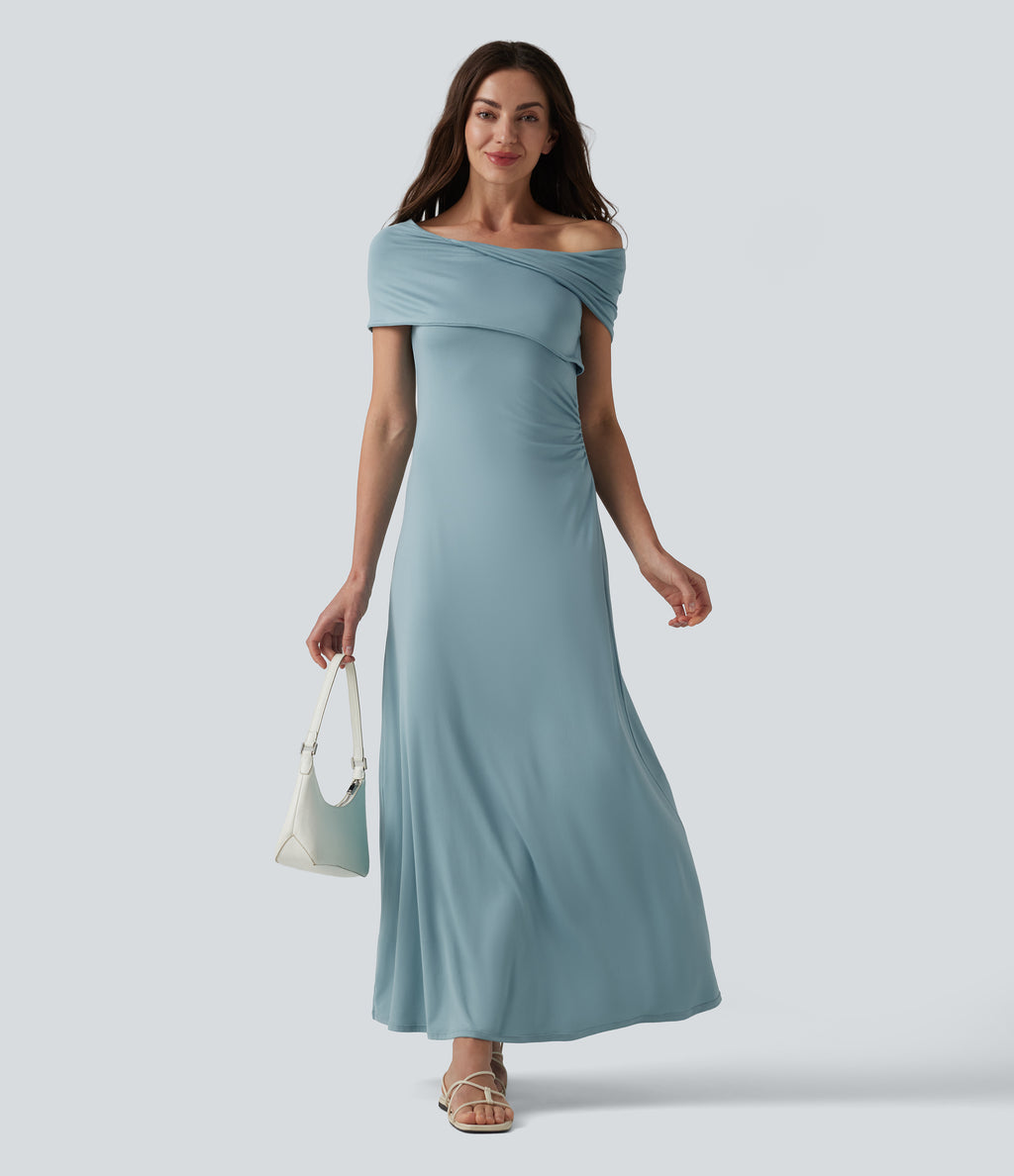 Off-shoulder Ruched Tie-back Maxi Casual Dress — Stone Blue — view 8