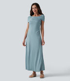 Off-shoulder Ruched Tie-back Maxi Casual Dress — Stone Blue — view 7