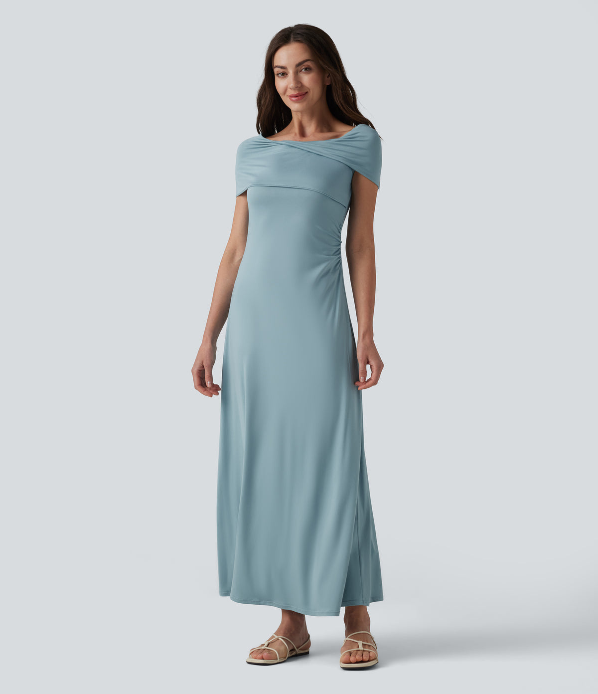 Off-shoulder Ruched Tie-back Maxi Casual Dress — Stone Blue — view 7