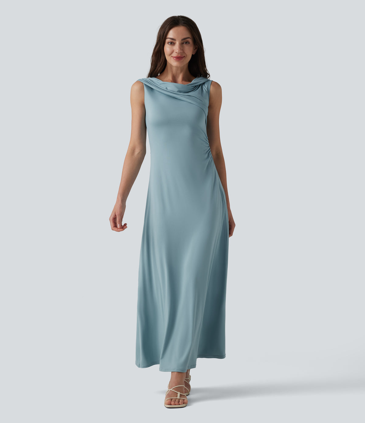 Off-shoulder Ruched Tie-back Maxi Casual Dress — Stone Blue — view 6