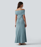 Off-shoulder Ruched Tie-back Maxi Casual Dress — Stone Blue — view 2