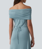 Off-shoulder Ruched Tie-back Maxi Casual Dress — Stone Blue — view 5