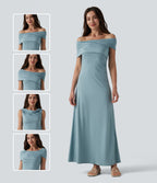 Off-shoulder Ruched Tie-back Maxi Casual Dress — Stone Blue — view 1