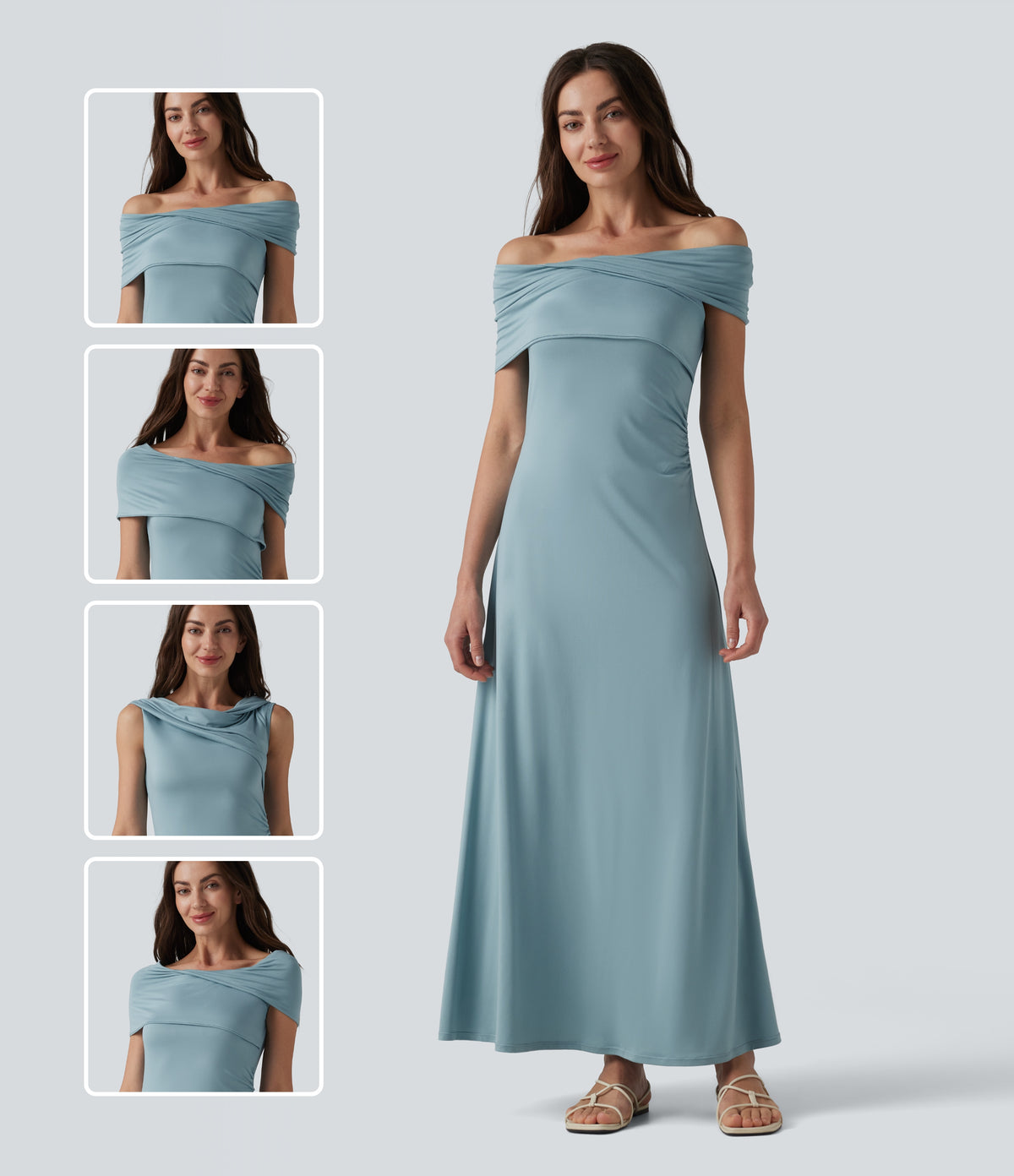 Off-shoulder Ruched Tie-back Maxi Casual Dress — Stone Blue — view 1