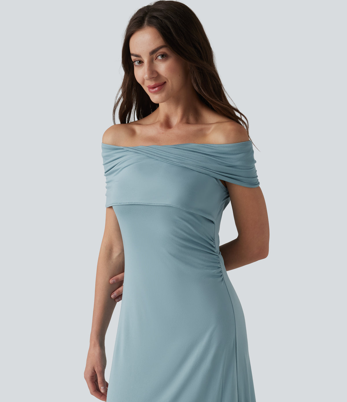 Off-shoulder Ruched Tie-back Maxi Casual Dress — Stone Blue — view 4