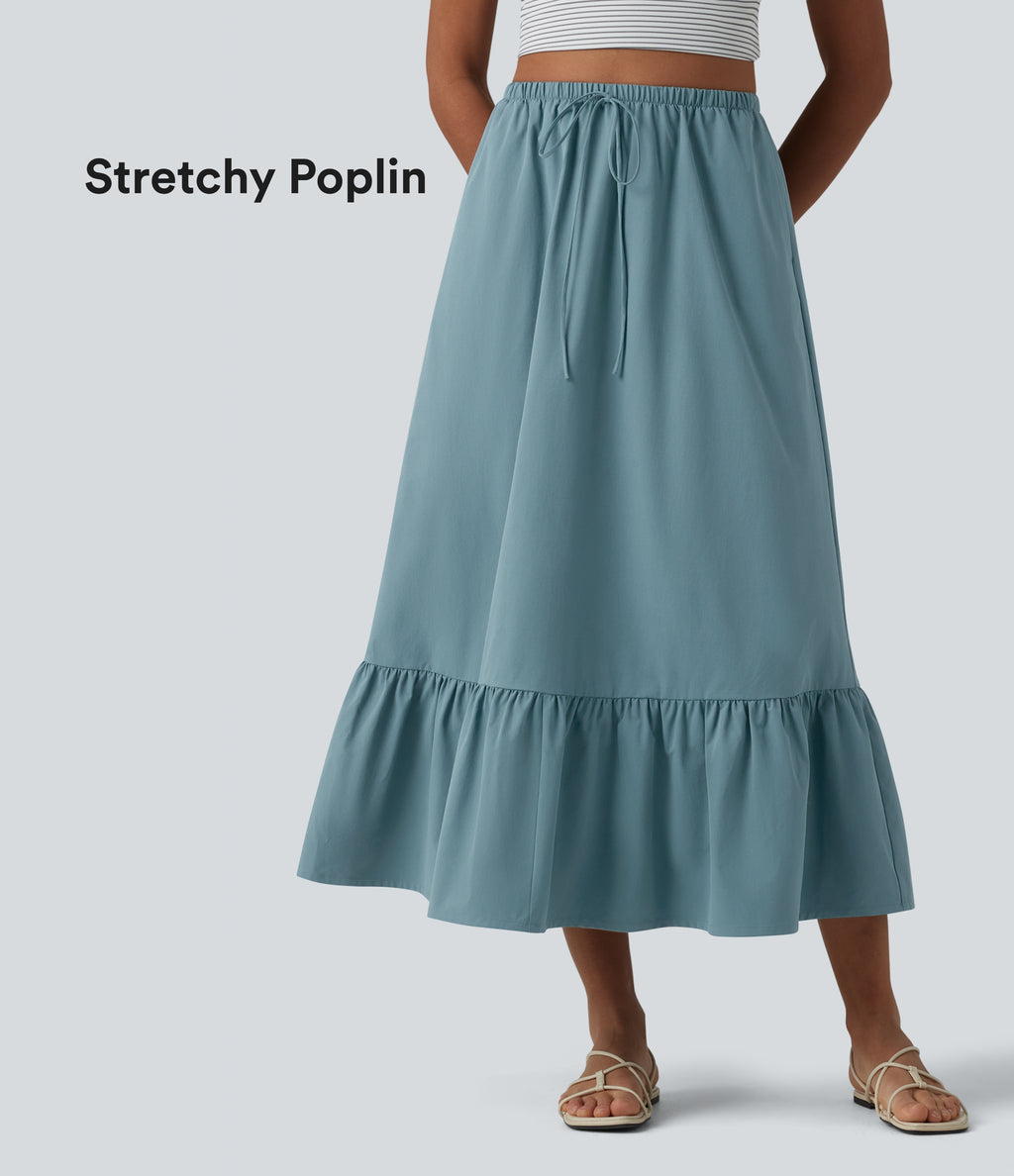 High Waisted Drawstring Ruffle Hem A-line Midi Stretchy Poplin Casual Skirt with Pockets — Stone Blue — view 1