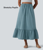 High Waisted Drawstring Ruffle Hem A-line Midi Stretchy Poplin Casual Skirt with Pockets — Stone Blue — view 1
