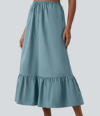 High Waisted Drawstring Ruffle Hem A-line Midi Stretchy Poplin Casual Skirt with Pockets — Stone Blue — view 5