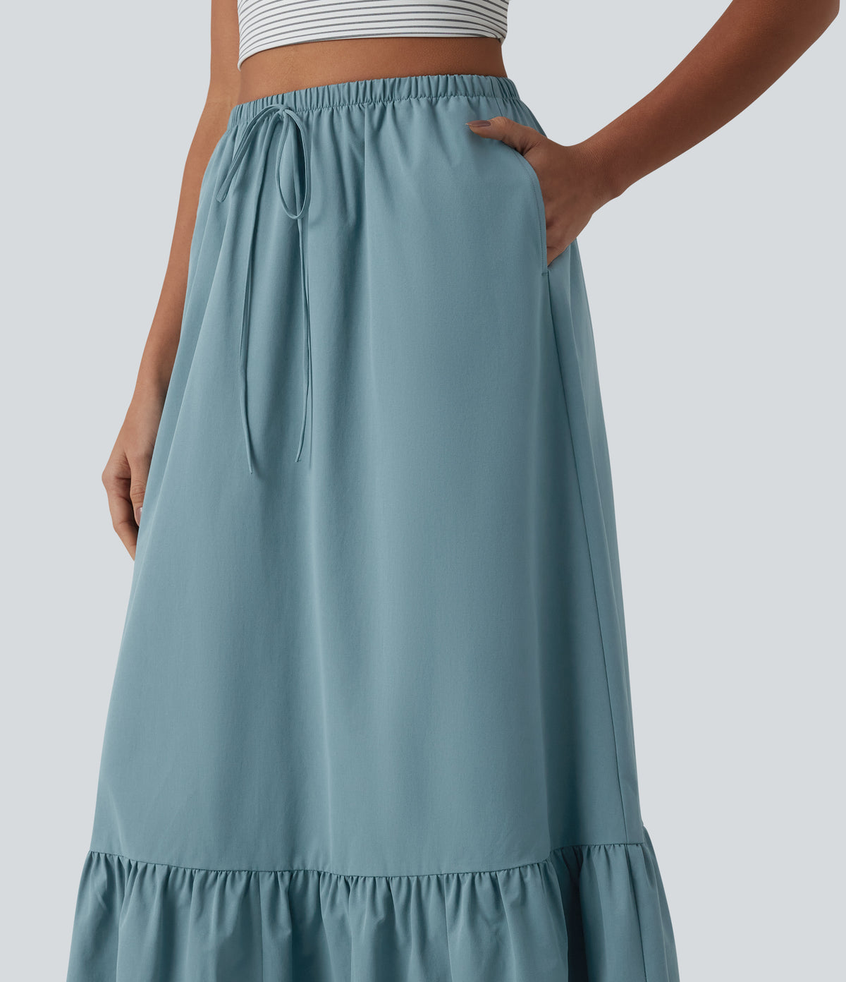High Waisted Drawstring Ruffle Hem A-line Midi Stretchy Poplin Casual Skirt with Pockets — Stone Blue — view 4