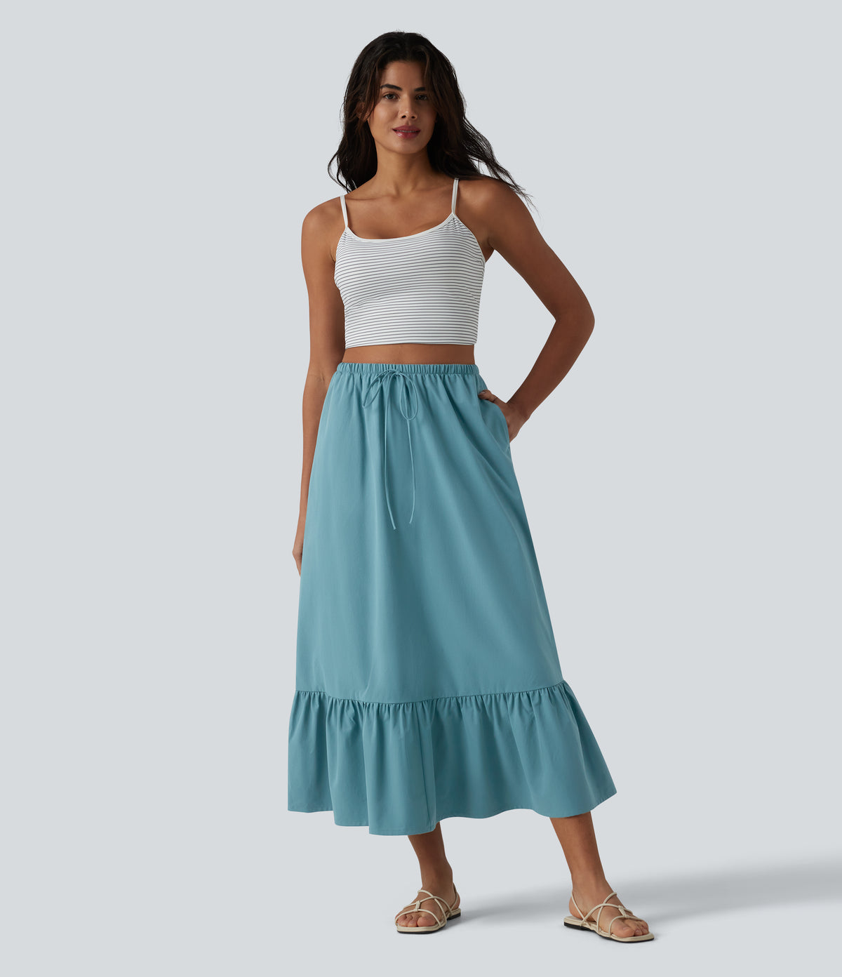 High Waisted Drawstring Ruffle Hem A-line Midi Stretchy Poplin Casual Skirt with Pockets — Stone Blue — view 6