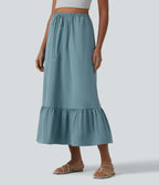 High Waisted Drawstring Ruffle Hem A-line Midi Stretchy Poplin Casual Skirt with Pockets — Stone Blue — view 3