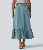High Waisted Drawstring Ruffle Hem A-line Midi Stretchy Poplin Casual Skirt with Pockets — Stone Blue — view 2