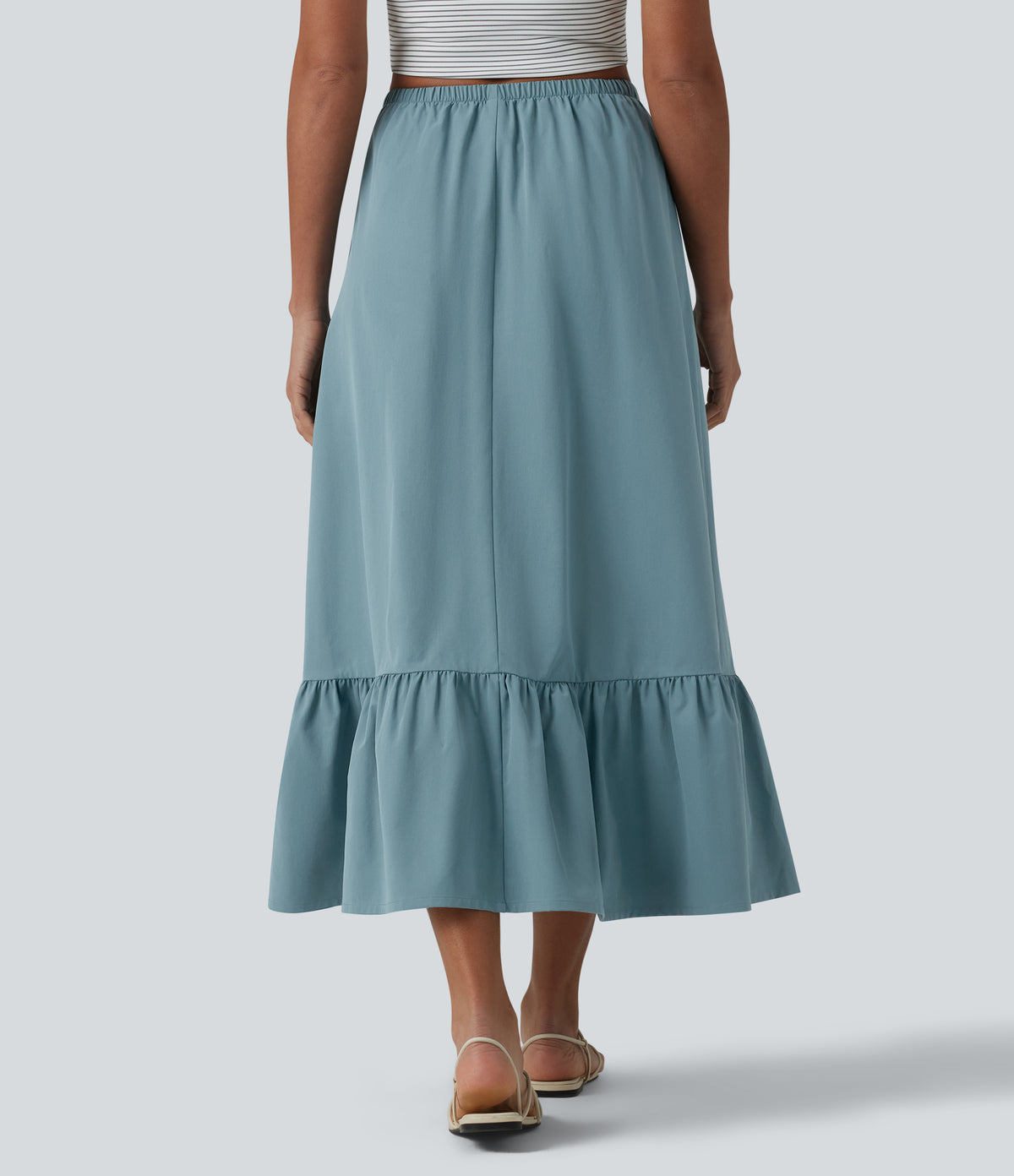 High Waisted Drawstring Ruffle Hem A-line Midi Stretchy Poplin Casual Skirt with Pockets — Stone Blue — view 2