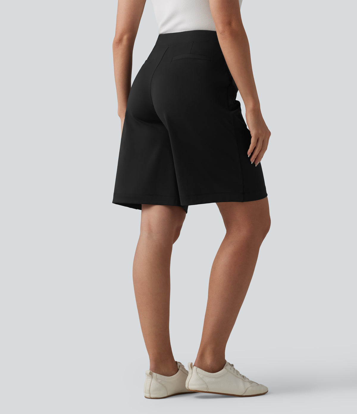 High Waisted Straight Leg Work Shorts with Pockets — Black — view 2