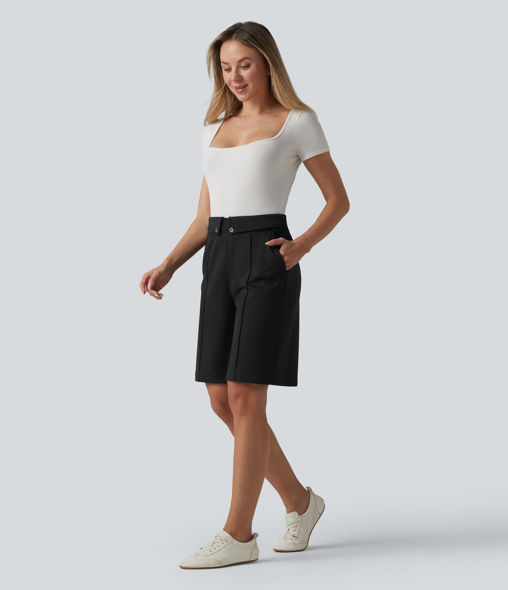 High Waisted Straight Leg Work Shorts with Pockets — Black — view 6