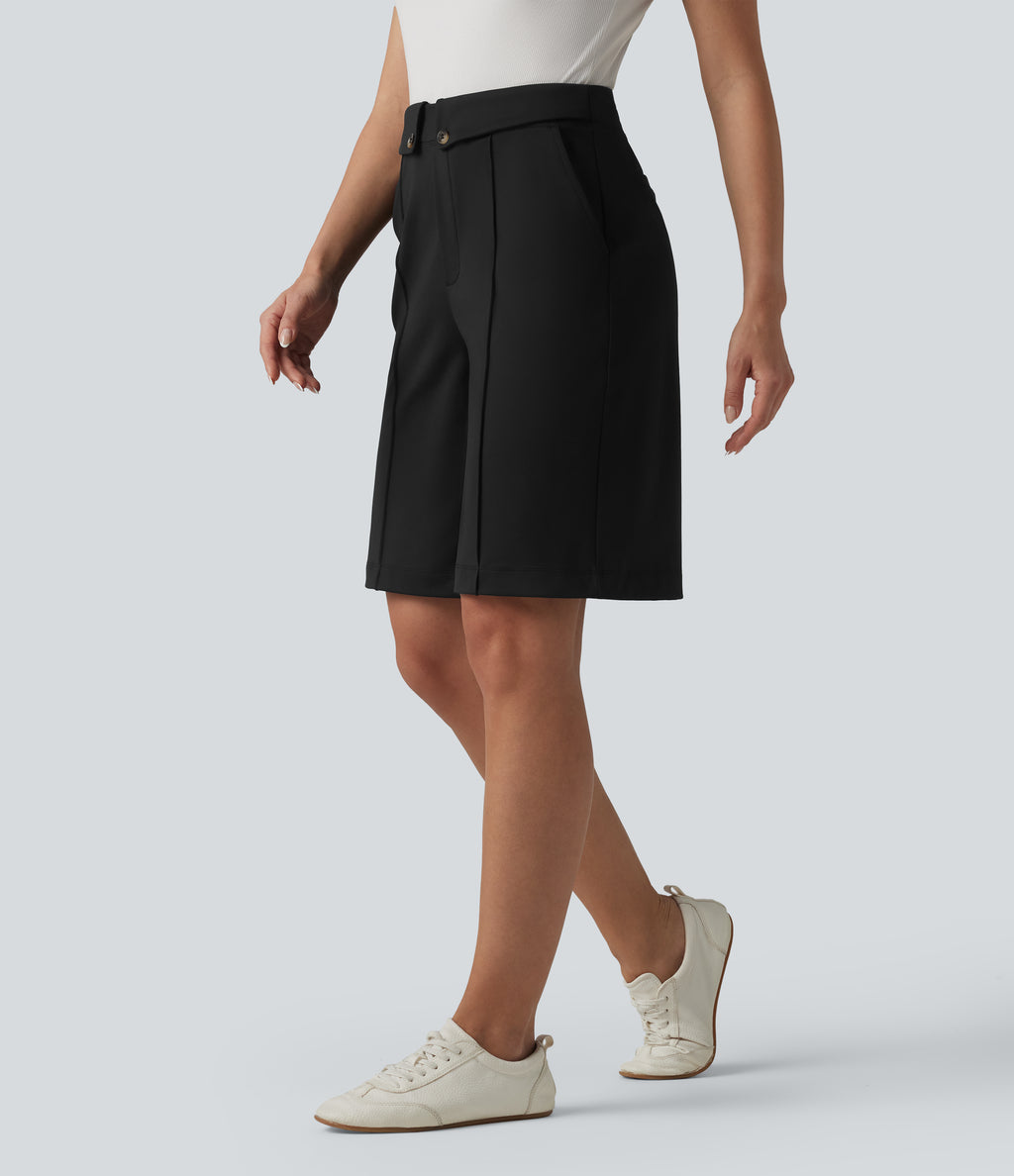 High Waisted Straight Leg Work Shorts with Pockets — Black — view 3