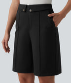 High Waisted Straight Leg Work Shorts with Pockets — Black — view 4