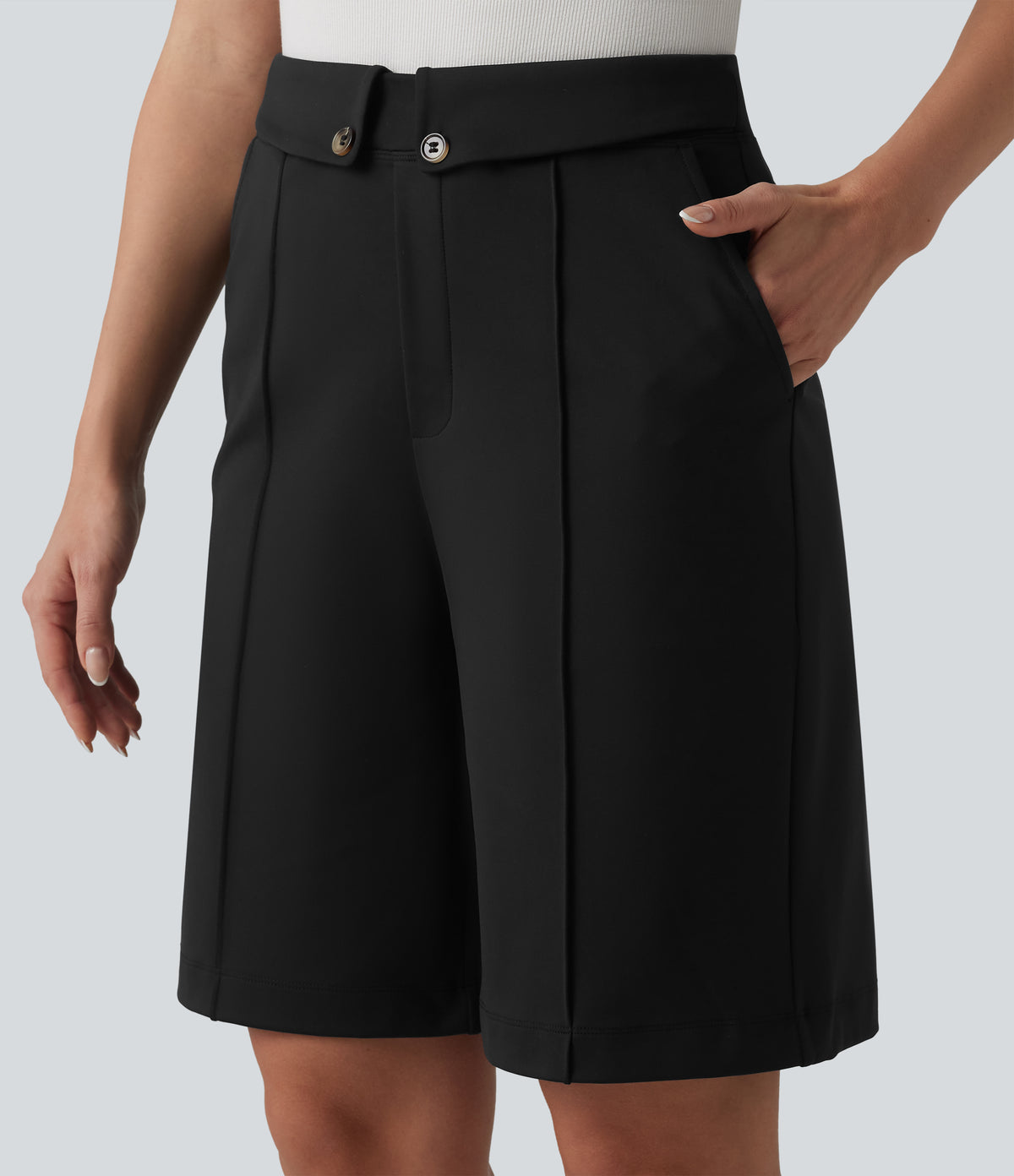 High Waisted Straight Leg Work Shorts with Pockets — Black — view 4