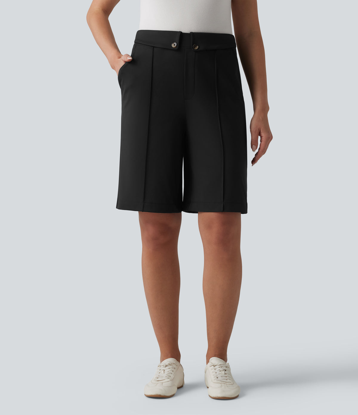 High Waisted Straight Leg Work Shorts with Pockets — Black — view 1