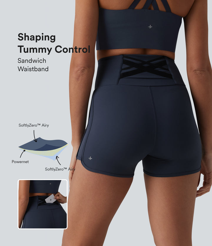Airy High Waisted Tummy Control Crossover Back Curved Hem InstantCool Yoga Skinny Shorts with Pocket — Mood Indigo — view 1