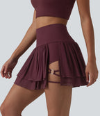 High Waisted 2-in-1 Asymmetric Hem Mini Breathable Mesh Dance Tiered Skirt with Pockets — Evening Red — view 3