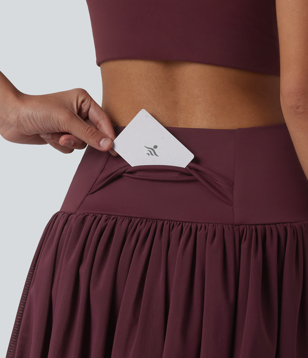 High Waisted 2-in-1 Asymmetric Hem Mini Breathable Mesh Dance Tiered Skirt with Pockets — Evening Red — view 6