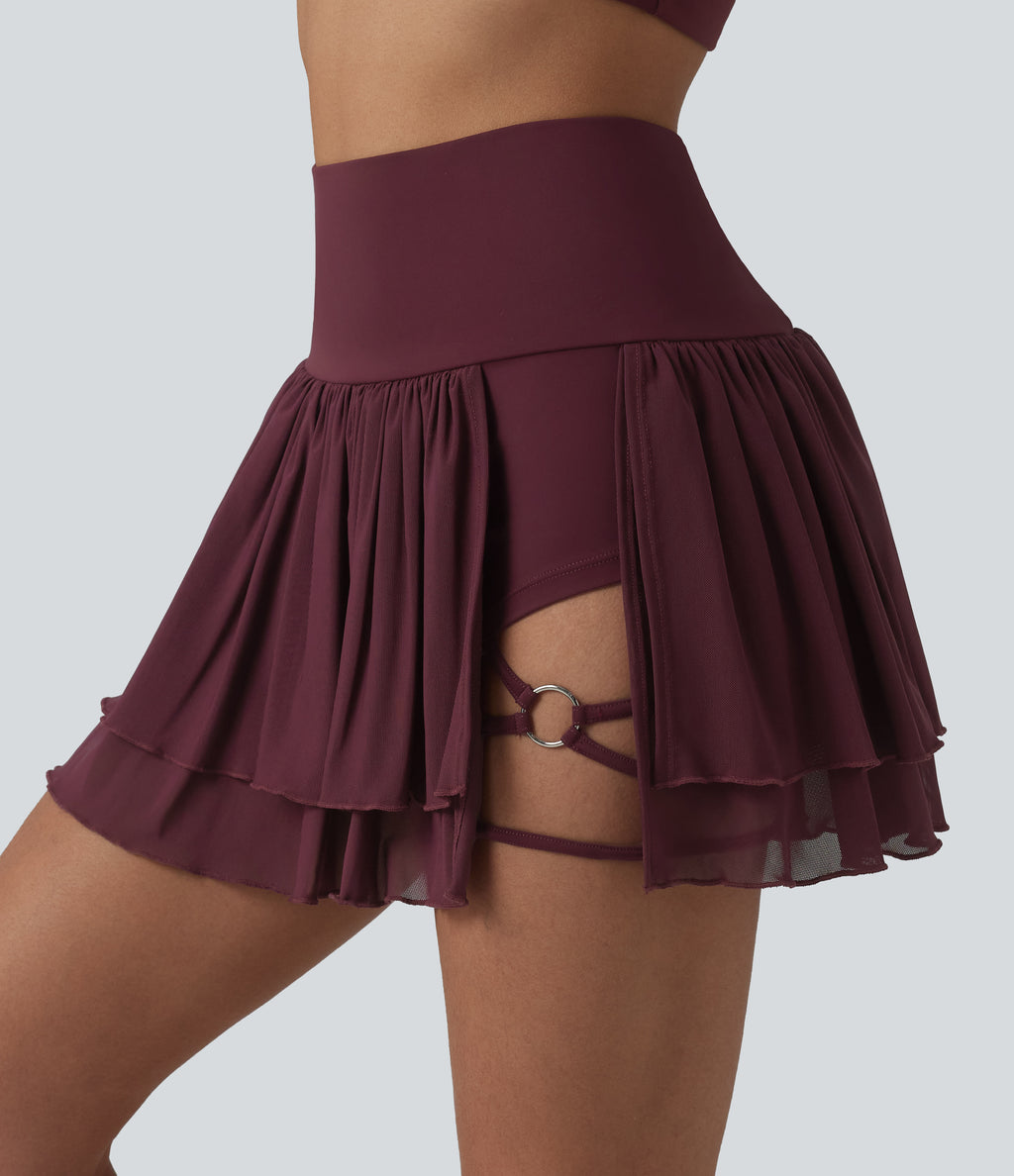 High Waisted 2-in-1 Asymmetric Hem Mini Breathable Mesh Dance Tiered Skirt with Pockets — Evening Red — view 4