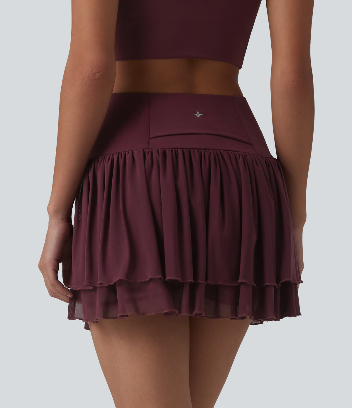 High Waisted 2-in-1 Asymmetric Hem Mini Breathable Mesh Dance Tiered Skirt with Pockets — Evening Red — view 2