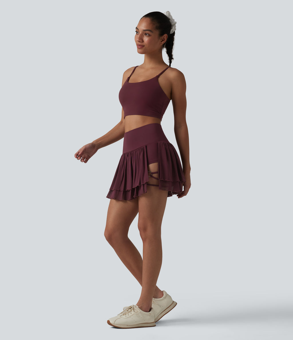 High Waisted 2-in-1 Asymmetric Hem Mini Breathable Mesh Dance Tiered Skirt with Pockets — Evening Red — view 7