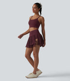 High Waisted 2-in-1 Asymmetric Hem Mini Breathable Mesh Dance Tiered Skirt with Pockets — Evening Red — view 7