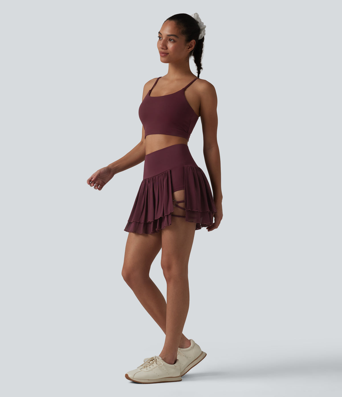 High Waisted 2-in-1 Asymmetric Hem Mini Breathable Mesh Dance Tiered Skirt with Pockets — Evening Red — view 7