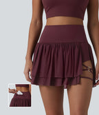 High Waisted 2-in-1 Asymmetric Hem Mini Breathable Mesh Dance Tiered Skirt with Pockets — Evening Red — view 1