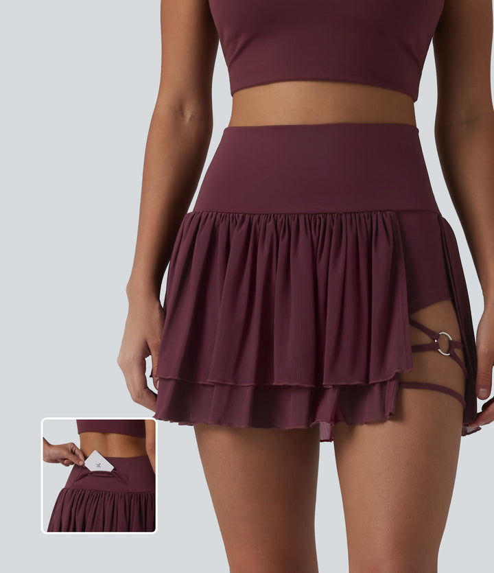 High Waisted 2-in-1 Asymmetric Hem Mini Breathable Mesh Dance Tiered Skirt with Pockets — Evening Red — view 1