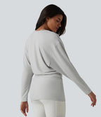 U-neck Batwing Long Sleeve Ruched Yoga Top — Light Mottled Grey — view 2
