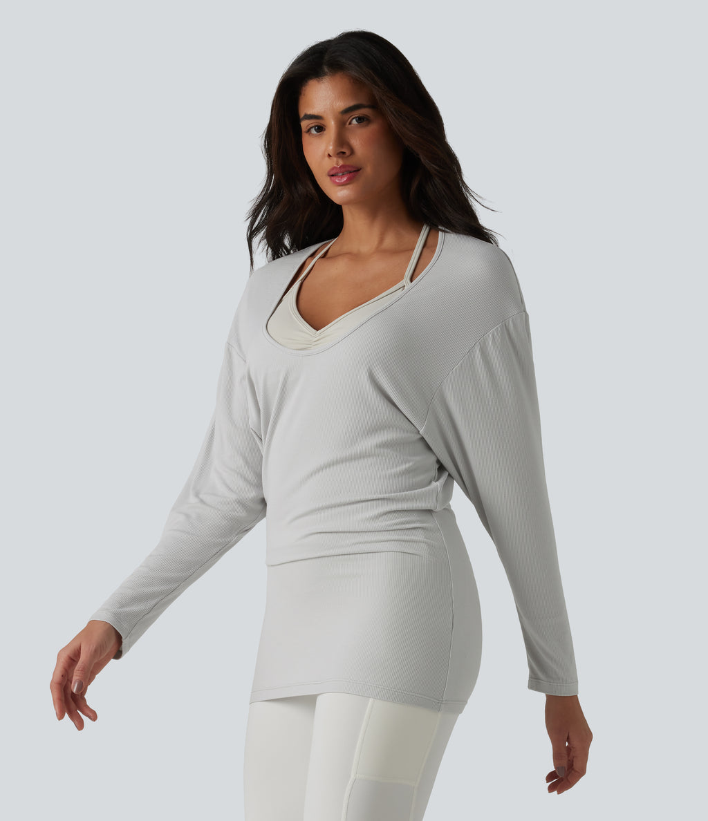 U-neck Batwing Long Sleeve Ruched Yoga Top — Light Mottled Grey — view 6