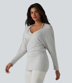 U-neck Batwing Long Sleeve Ruched Yoga Top — Light Mottled Grey — view 6