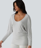 U-neck Batwing Long Sleeve Ruched Yoga Top — Light Mottled Grey — view 4