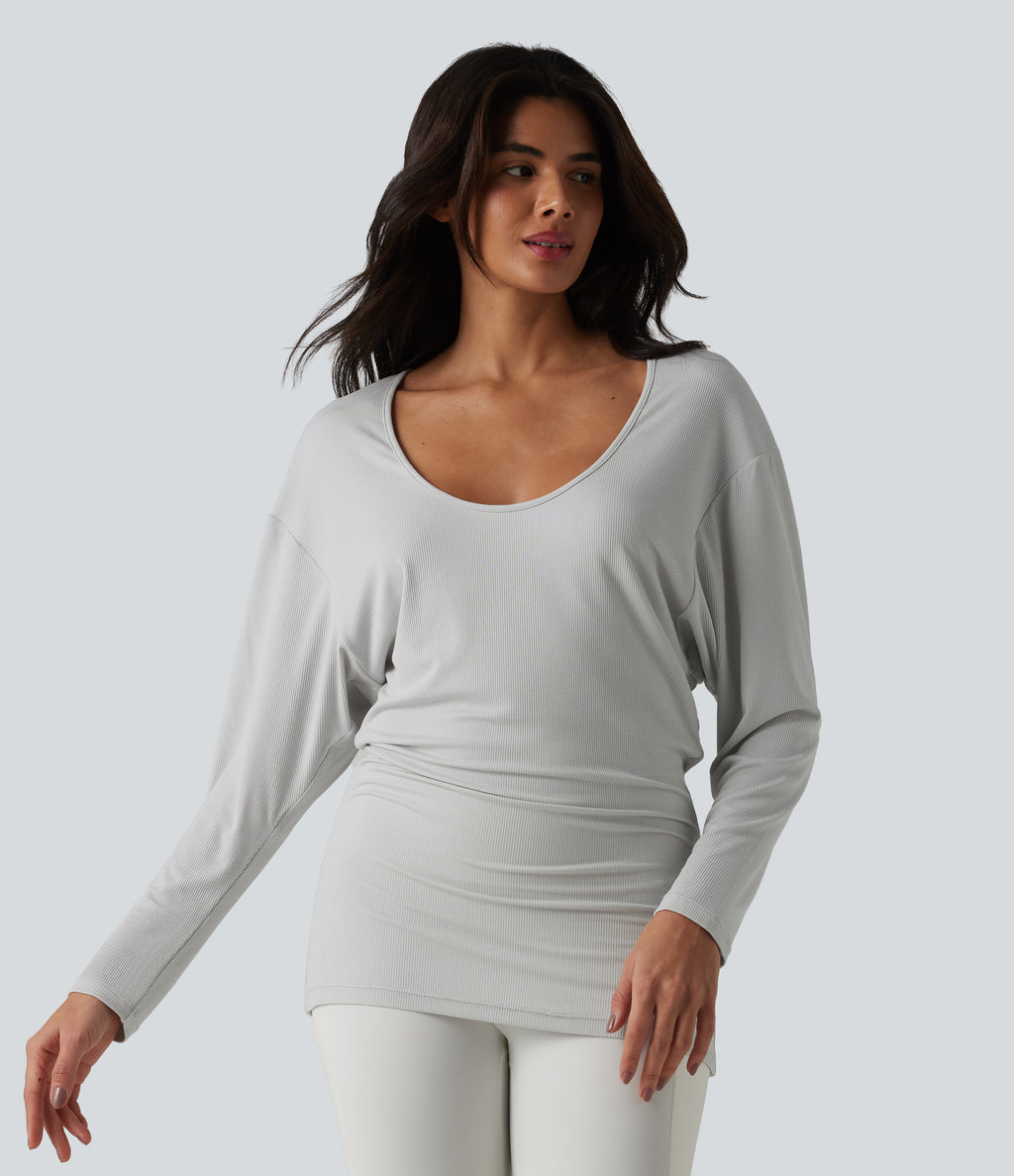 U-neck Batwing Long Sleeve Ruched Yoga Top — Light Mottled Grey — view 3