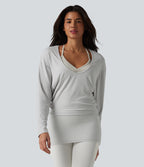 U-neck Batwing Long Sleeve Ruched Yoga Top — Light Mottled Grey — view 5