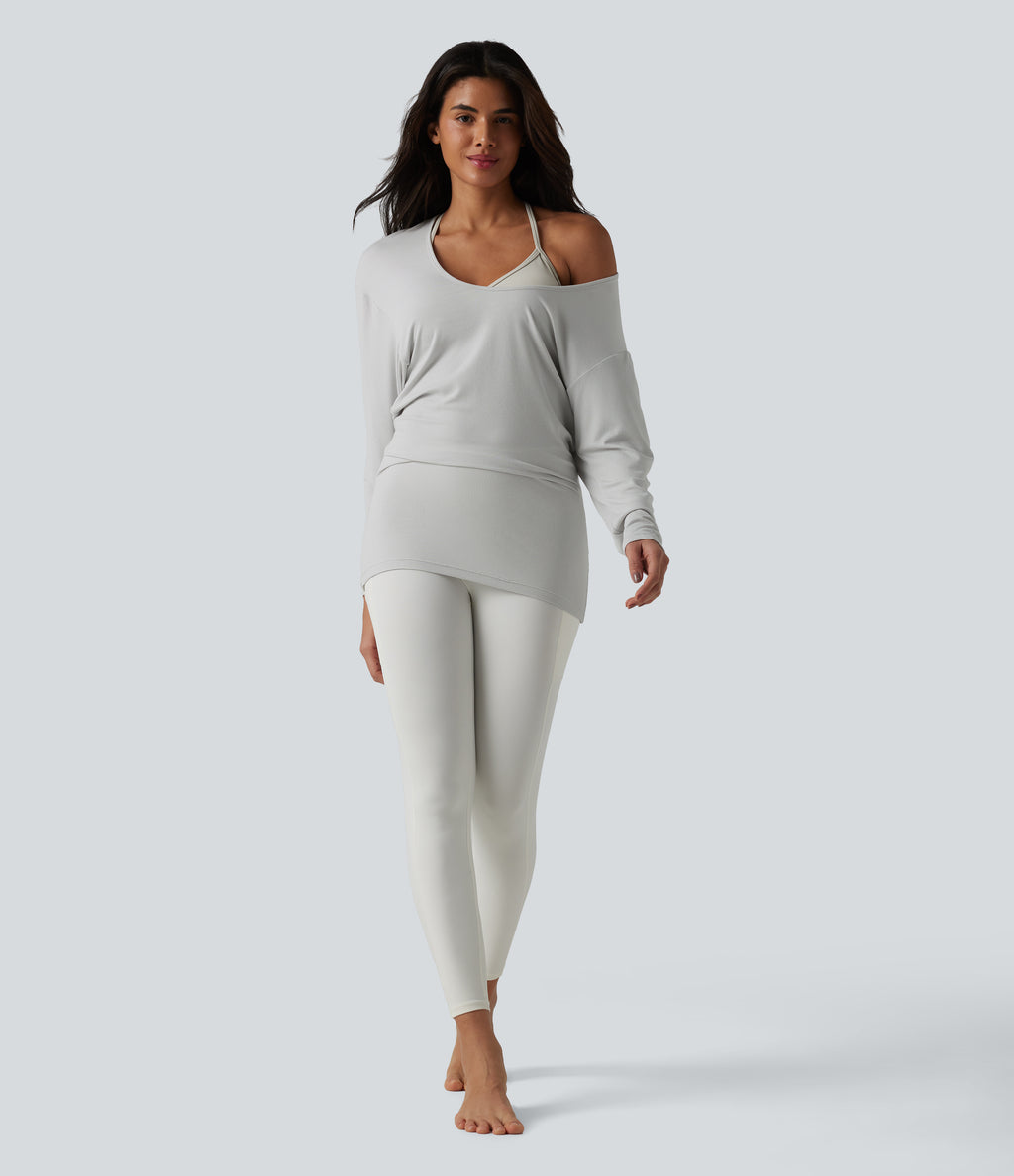 U-neck Batwing Long Sleeve Ruched Yoga Top — Light Mottled Grey — view 7