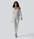 U-neck Batwing Long Sleeve Ruched Yoga Top — Light Mottled Grey — view 7