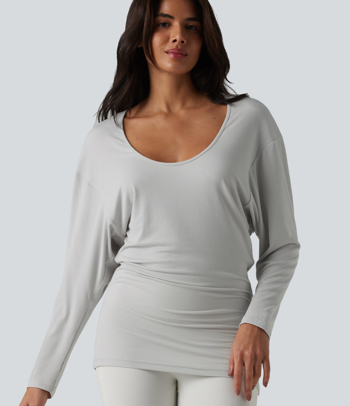 U-neck Batwing Long Sleeve Ruched Yoga Top — Light Mottled Grey — view 1