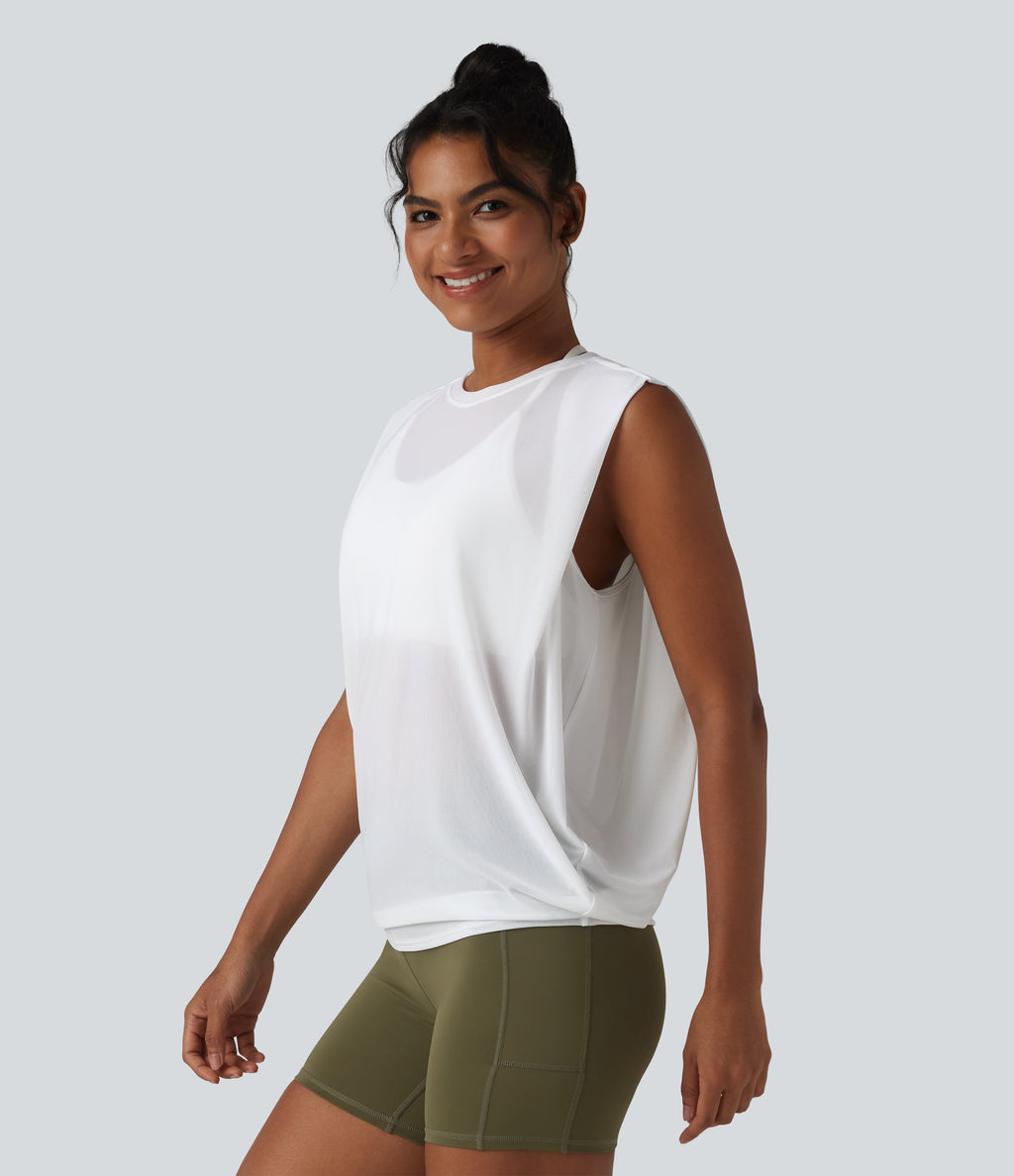 Sheer Mesh Round Neck Ruched Running Tank Top — White — view 4