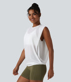 Sheer Mesh Round Neck Ruched Running Tank Top — White — view 4