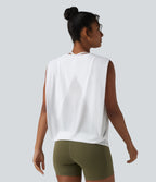 Sheer Mesh Round Neck Ruched Running Tank Top — White — view 2