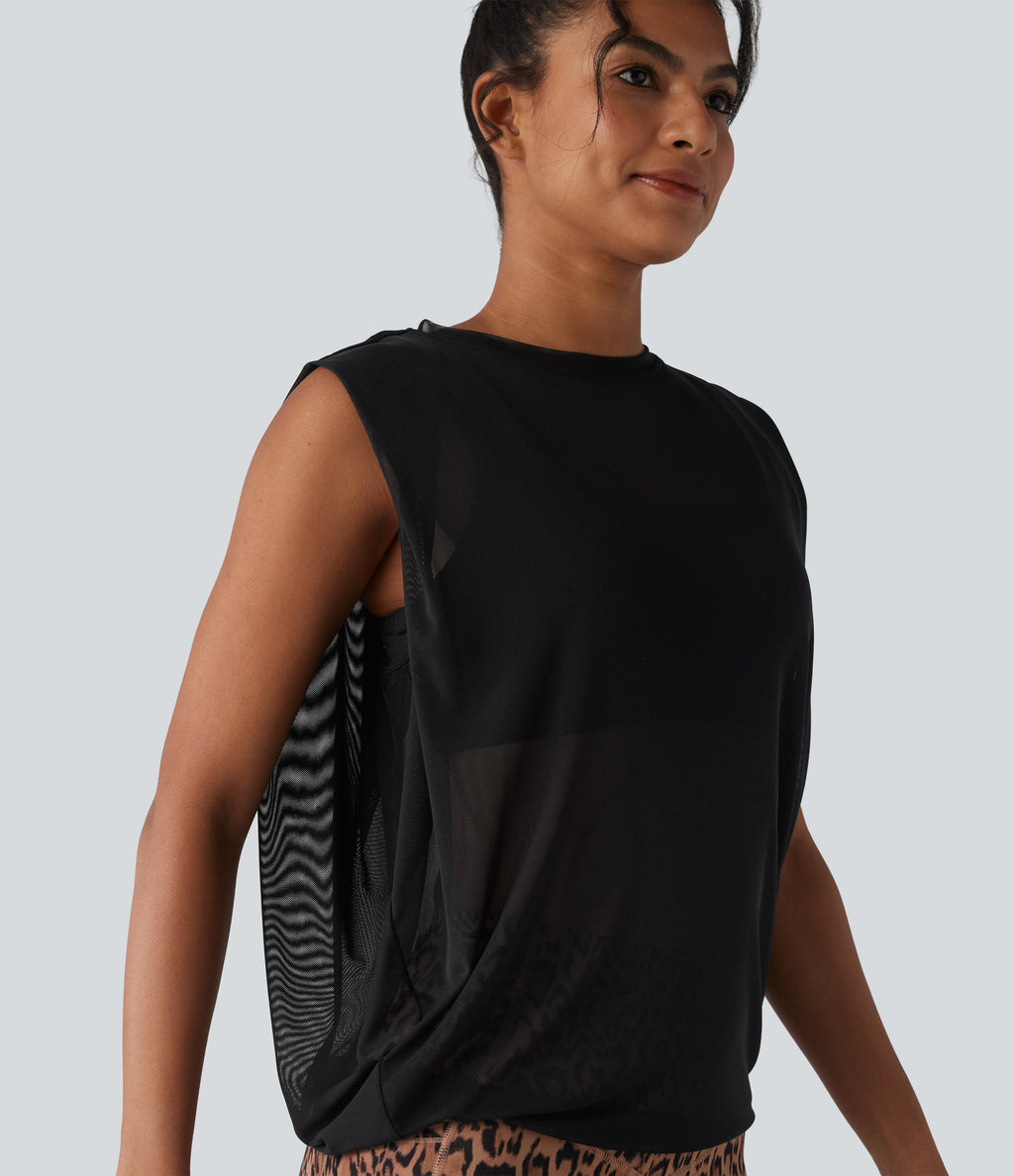 Sheer Mesh Round Neck Ruched Running Tank Top — Black — view 6