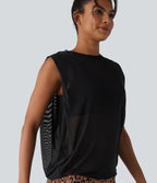 Sheer Mesh Round Neck Ruched Running Tank Top — Black — view 6